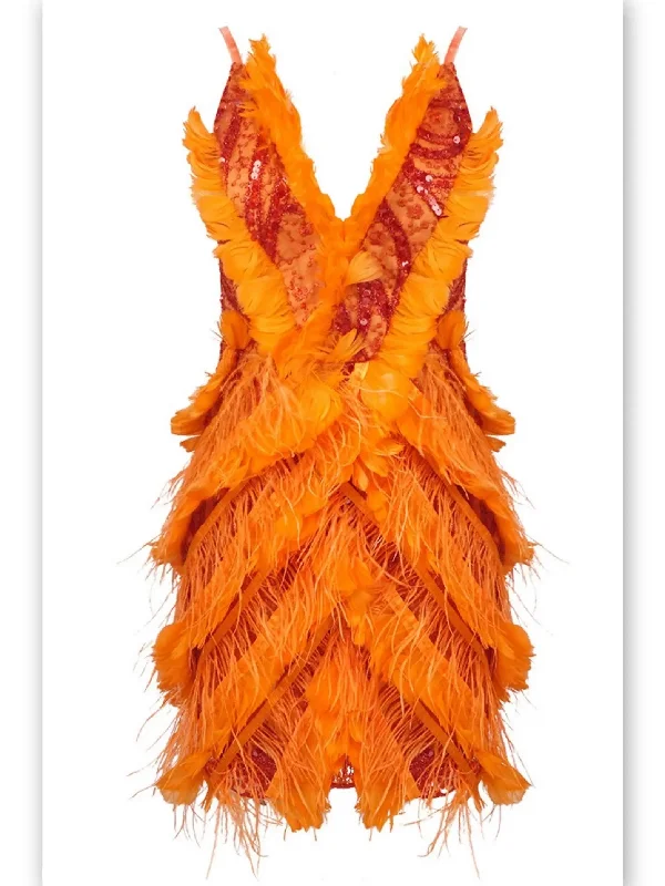 Feather-Trim Sequin-Embellished Mini Dress in Orange