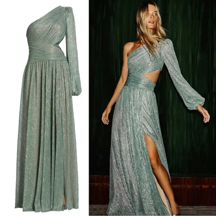 Lurex One-Shoulder Maxi Dress in Sea Green