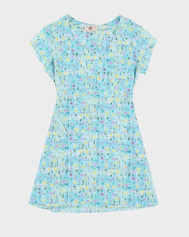 1990s Blue Floral Dress - M