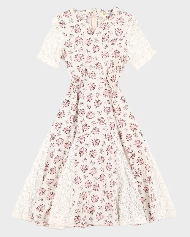 Beige With Pink Floral Pattern Midi Dress - S