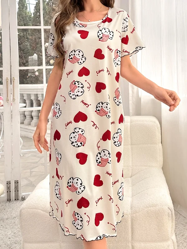 Nine 11 Women's Cute Puppy & Heart Print Frill Trim Sleepwear Dress, Short Sleeve Round Neck Loose Fit Midi Dress, Comfortable Nightgown