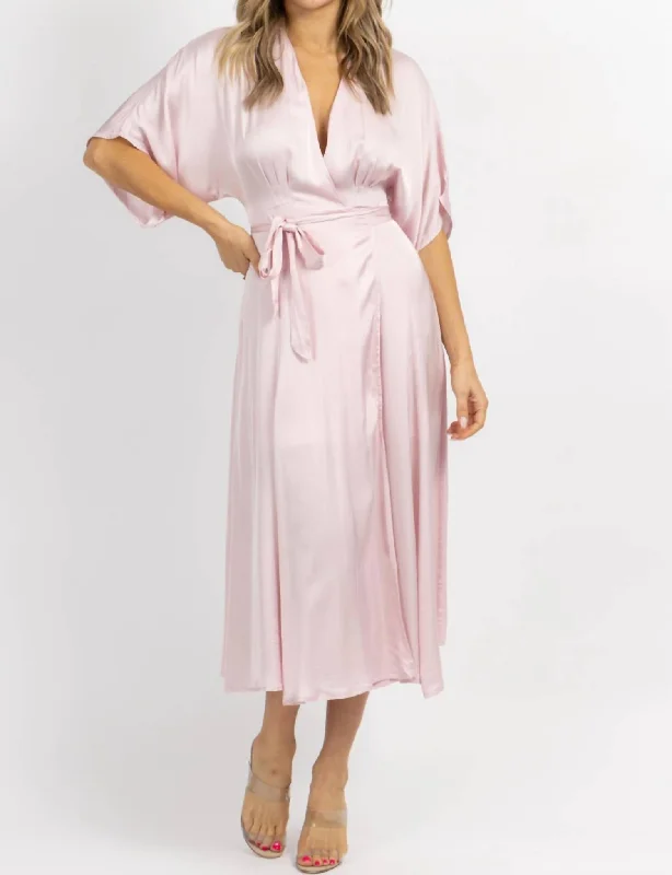 Satin Wrap Midi Dress In Pale Pink