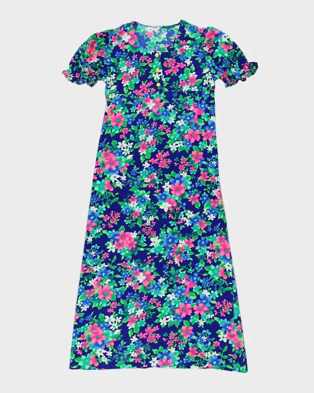 Vintage 1970s Blue Floral Dress - XXS