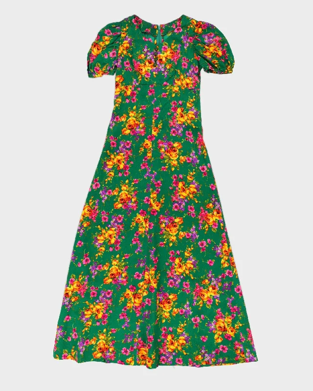 Vintage 1970s Green Floral Maxi Dress - XXS