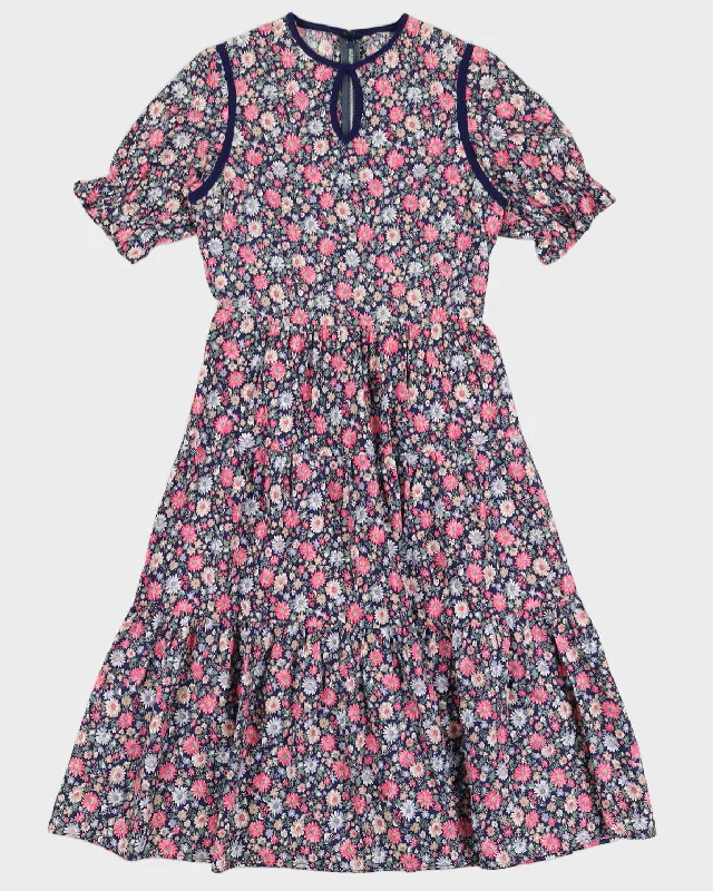 Vintage 70s Floral Keyhole Neckline Midi Dress - M