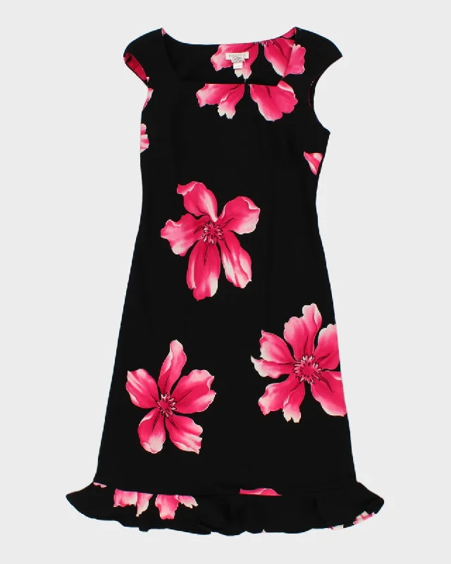 Vintage 90s Bellessa Black & Pink Floral Midi Dress - M