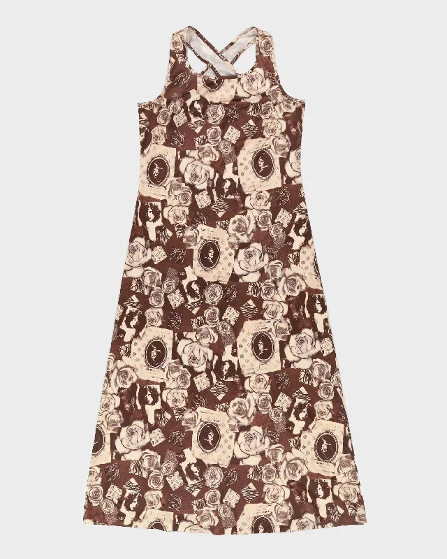 Y2K 00s The Original Inc Brown Scrapbook Print Maxi Dress - S/M