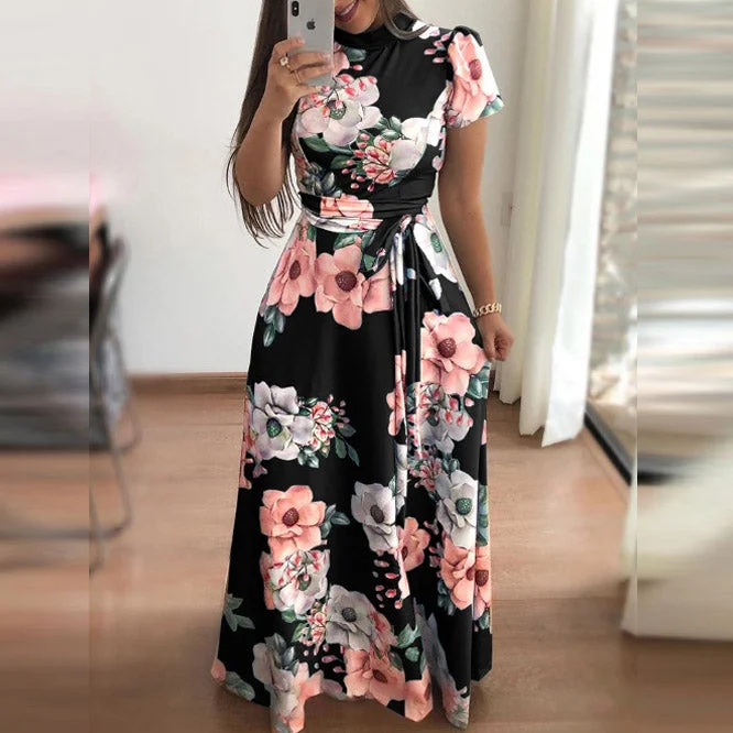 AVODOVAMA M 2018 Summer Dresses Floral Print Casual Loose Maxi Dress Women Short Sleeve Tie Waist Long Robe Femme