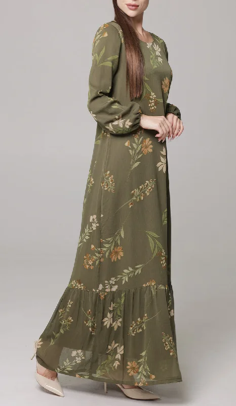 Batool Print Chiffon Modest Long Maxi Dress - Olive - PREORDER (ships in 2 weeks)