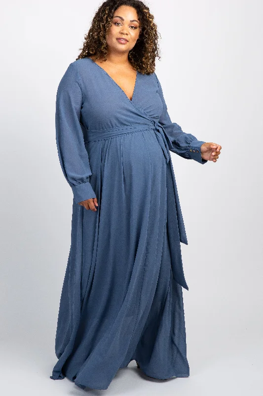 Blue Chiffon Long Sleeve Pleated Plus Maternity Maxi Dress