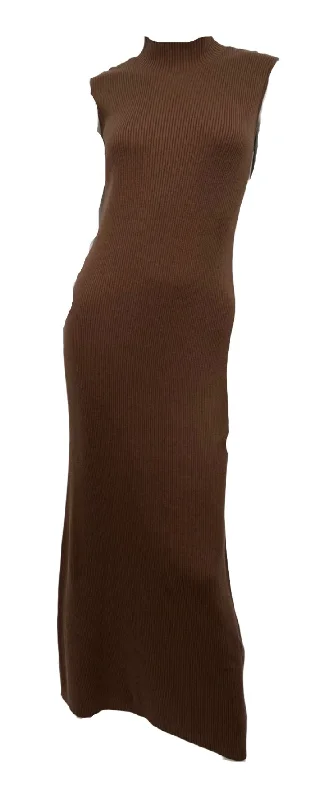 Brown Ribbed Sleeveless Midi Dress