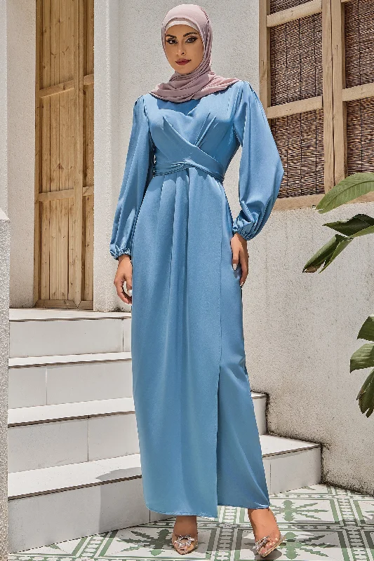 Blue Criss Cross Satin Faux Wrap Maxi Dress-CLEARANCE