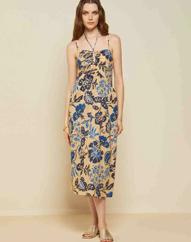 Cotton Midi Dress with Floral Print and Halter Neck Ties