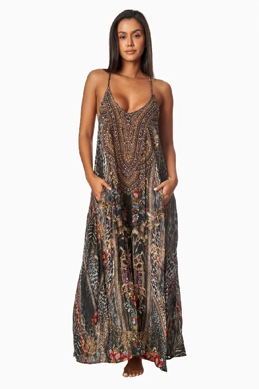 Eclectic Jungle T-back Maxi Dress with Front Pockets