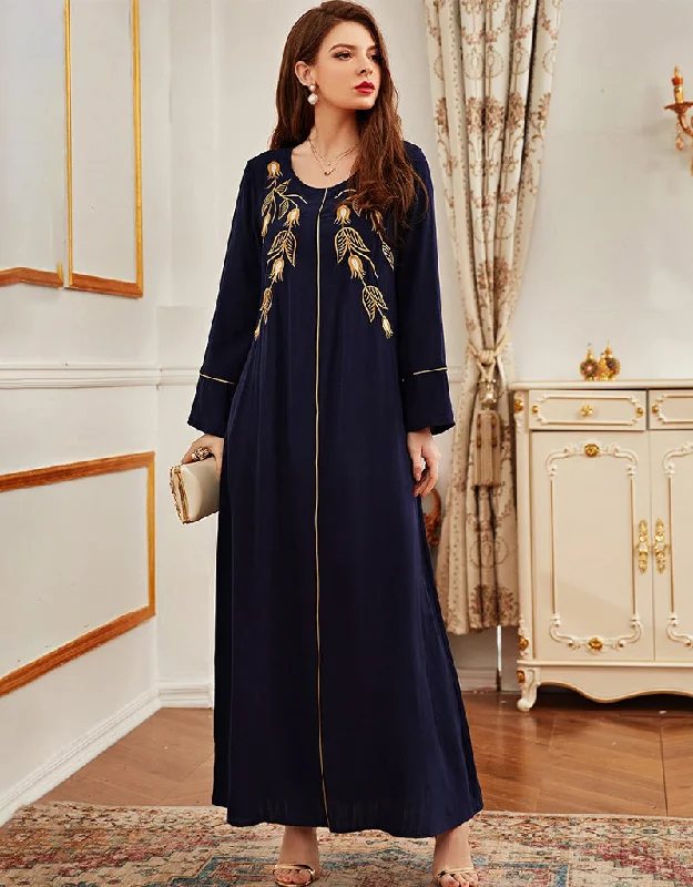 Flowy Retro Blue Embroidered Maxi Dress