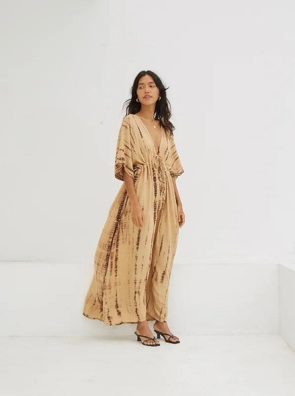 Goddess Tie Dye Kaftan Maxi Dress - Tan