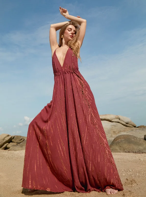 Luna Open Back Halter Maxi Dress - Burgundy