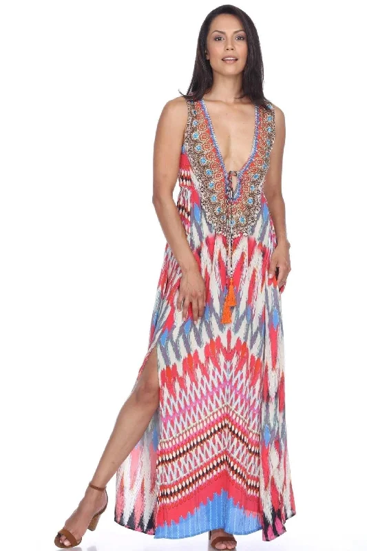 MODA 2 Slit Maxi Dress with Front Pockets and Beaded Neckline | Maxi Women's Dresses