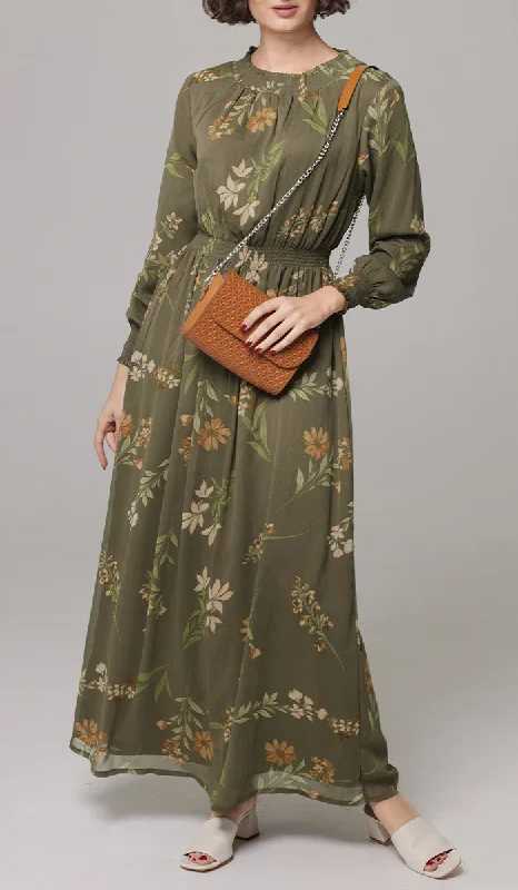 Nadia Smocked Print Chiffon Modest Long Maxi Dress - Olive - PREORDER (ships in 2 weeks)