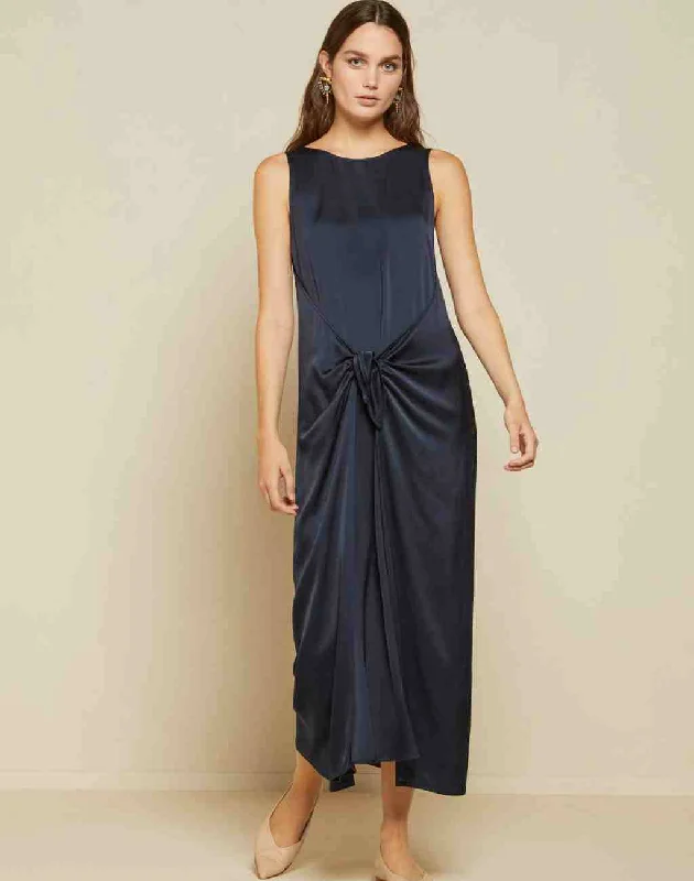 Deep Navy Sophisticated Sleeveless Maxi Dress with Flattering Front Tie