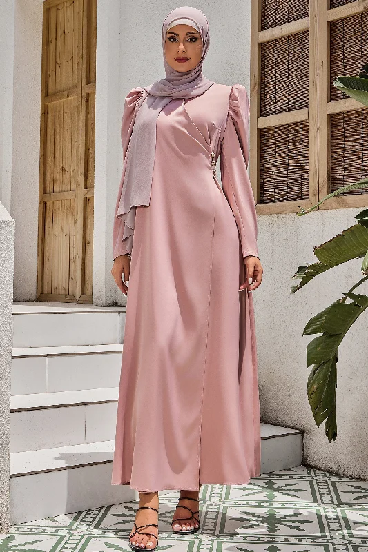 Pink Criss Cross Puff Sleeve Maxi Dress-CLEARANCE