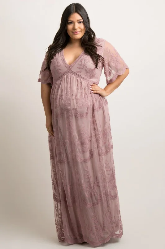 PinkBlush Mauve Lace Mesh Overlay Plus Maternity Maxi Dress