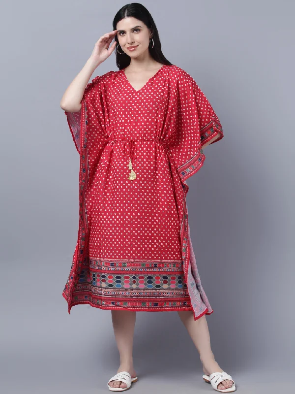 Women's Red  White Ethnic Motifs Printed Kaftan Midi Dress - Myshka