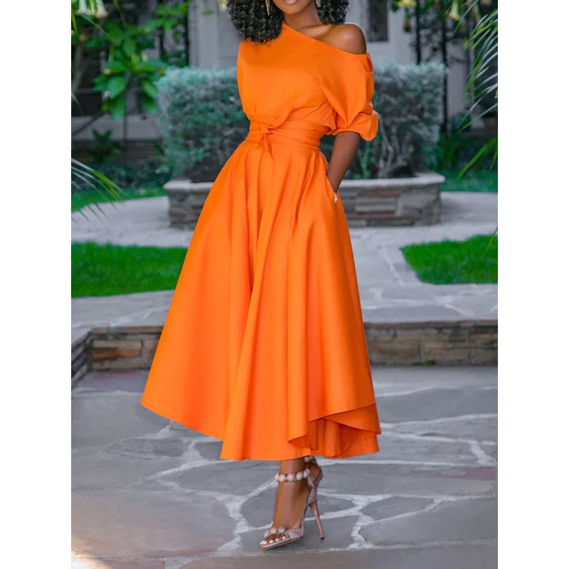 Women Midi Dress 2019 Summer Orange Dinner Party Club Travel Female Robe African One Shoulder Dress Big Swing Elegant Day Dress