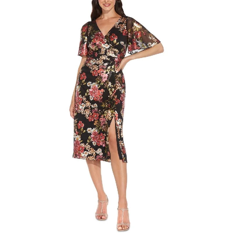 Adrianna Papell Womens Metallic Floral Midi Dress