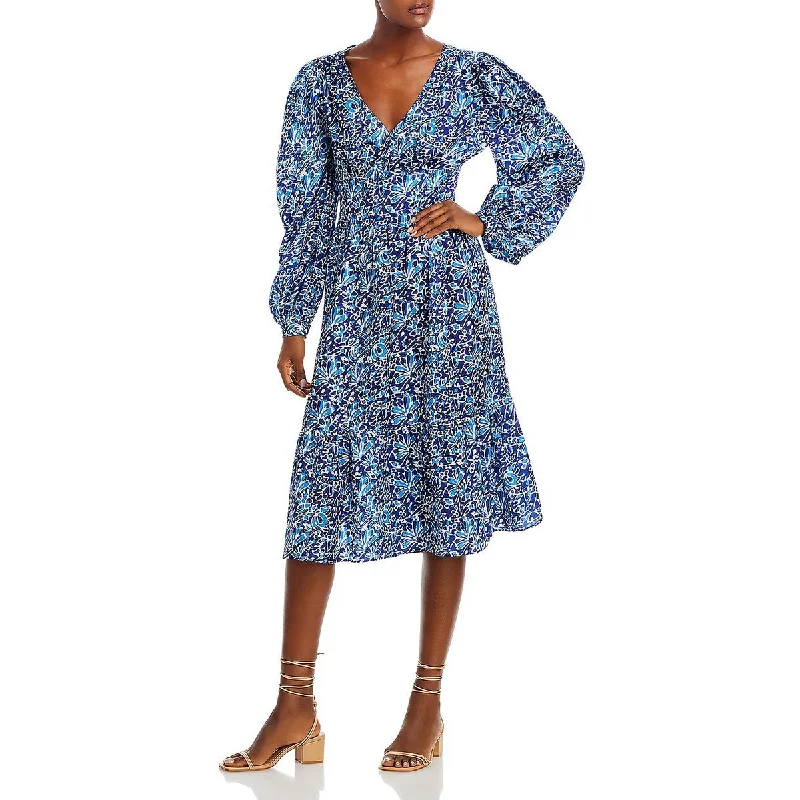 Aqua Womens Smocked Printed Midi Dress