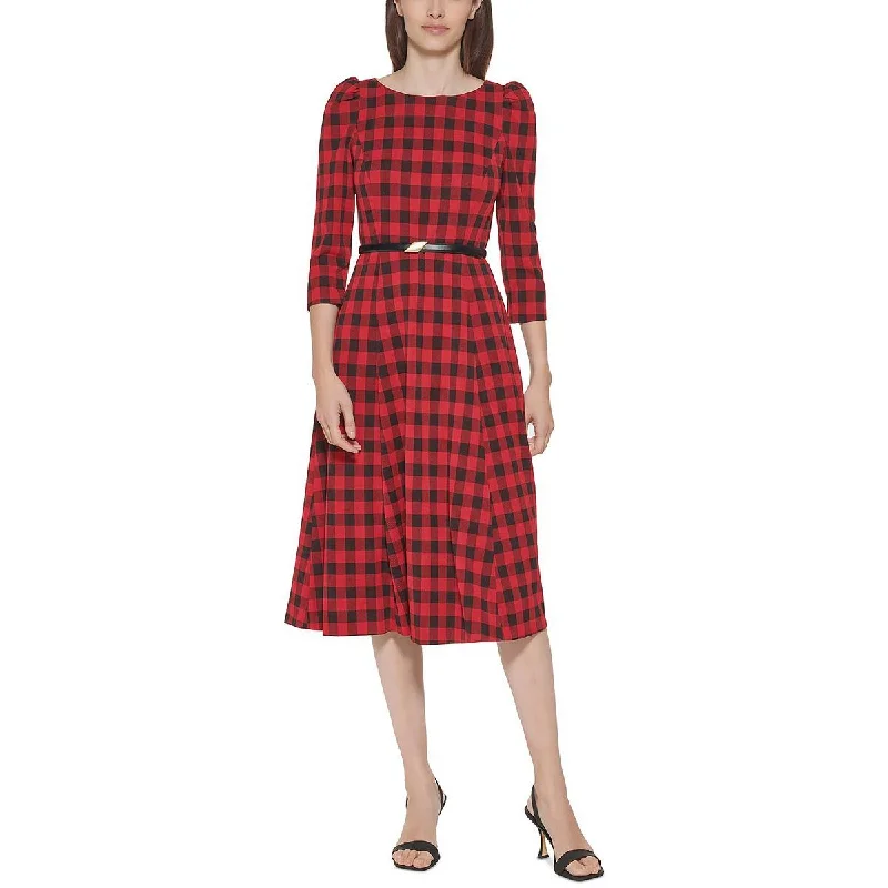 Calvin Klein Womens Petites Plaid Knee-Length Midi Dress