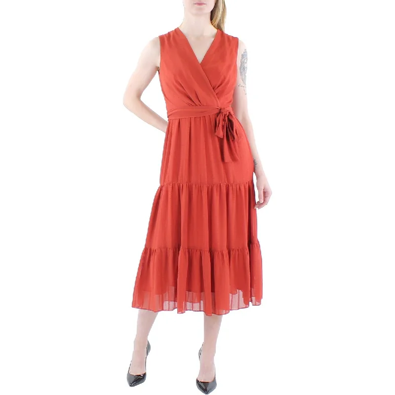 Maggy London Womens Faux Wrap Sleeveless Midi Dress