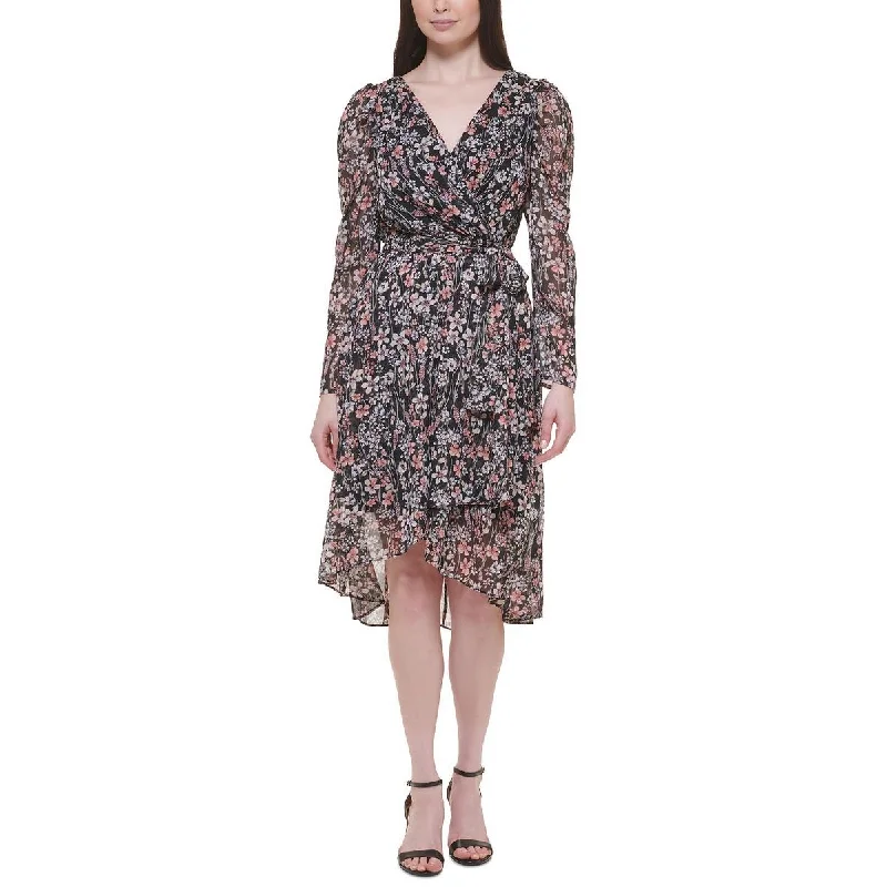 Tommy Hilfiger Womens Petites Chiffon Floral Midi Dress