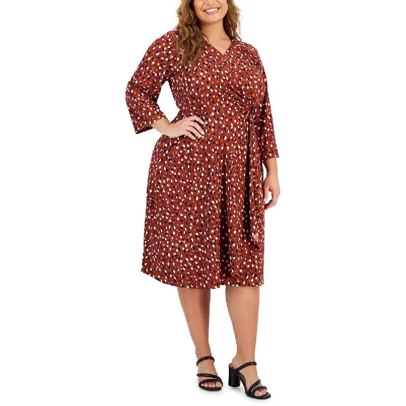 Signature By Robbie Bee Womens Plus Printed Elbow Sleeves Midi Dress