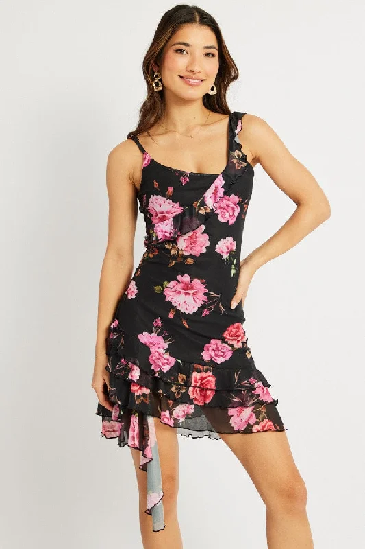 Black Floral Bodycon Dress Ruffle Hem Mini Mesh