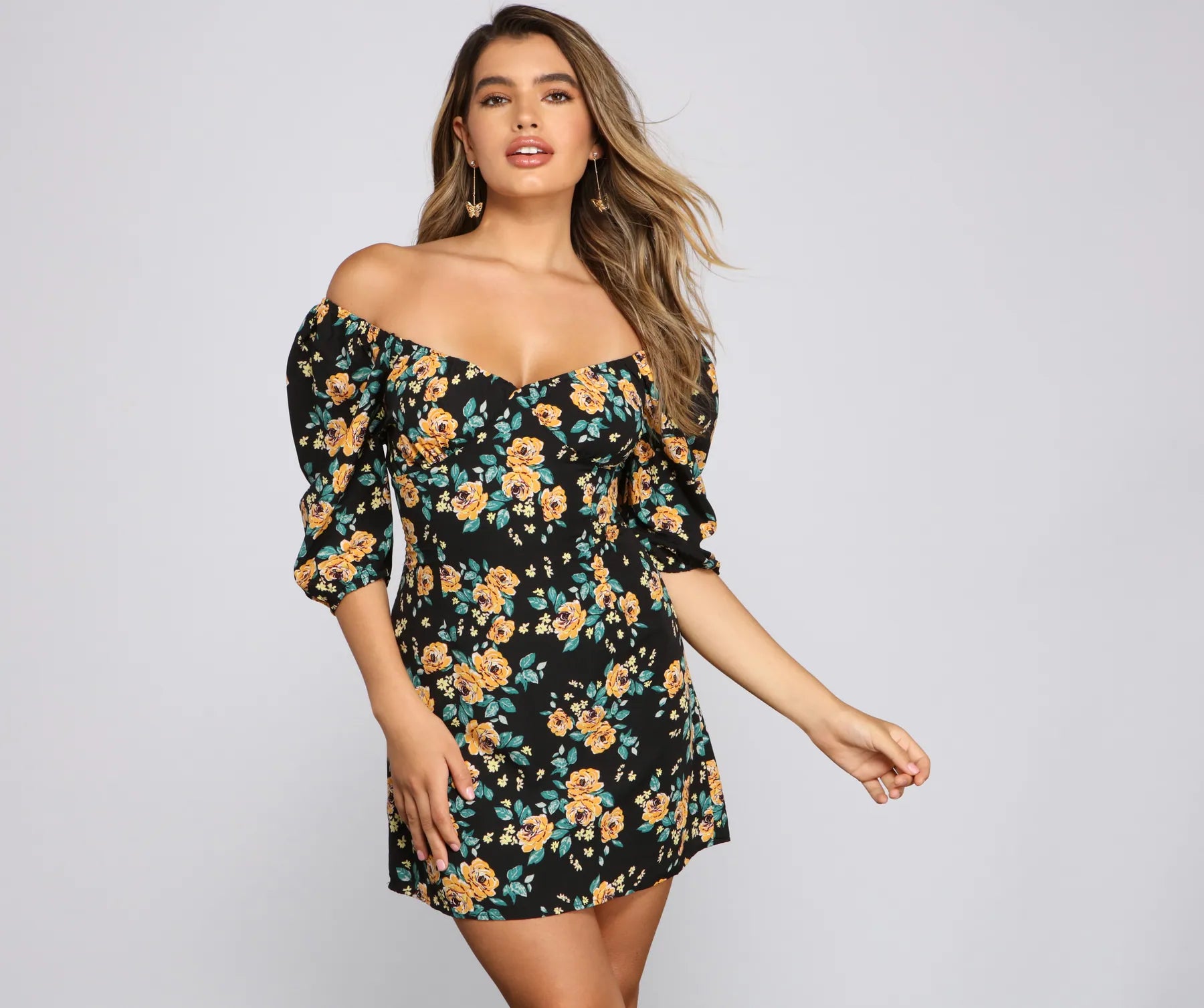 Floral Frenzy Off The Shoulder Skater Dress