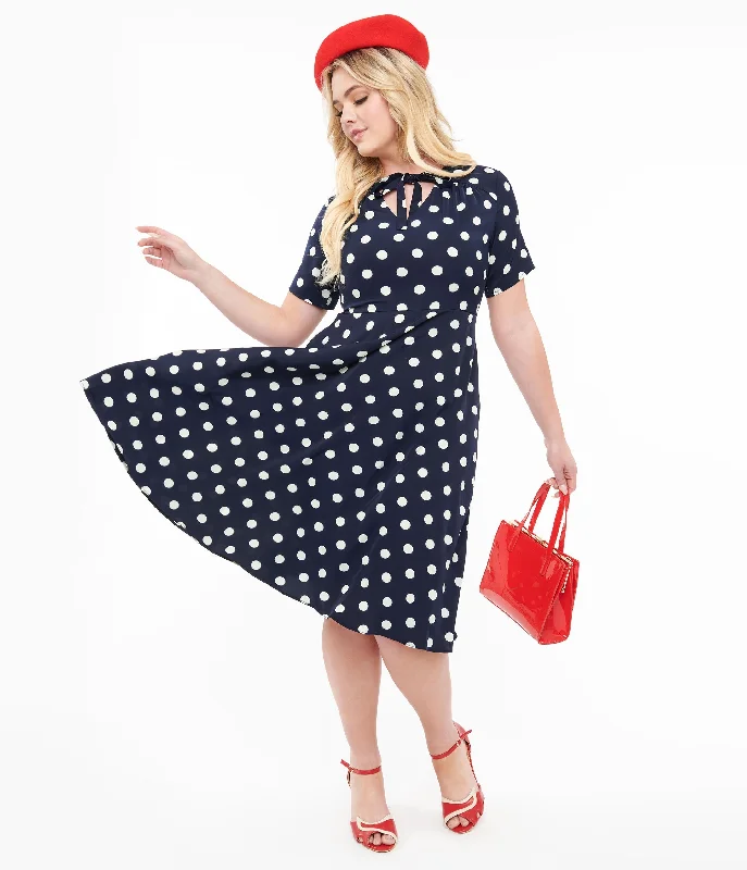 1940s Navy & White Polka Dot Set Sail Swing Dress