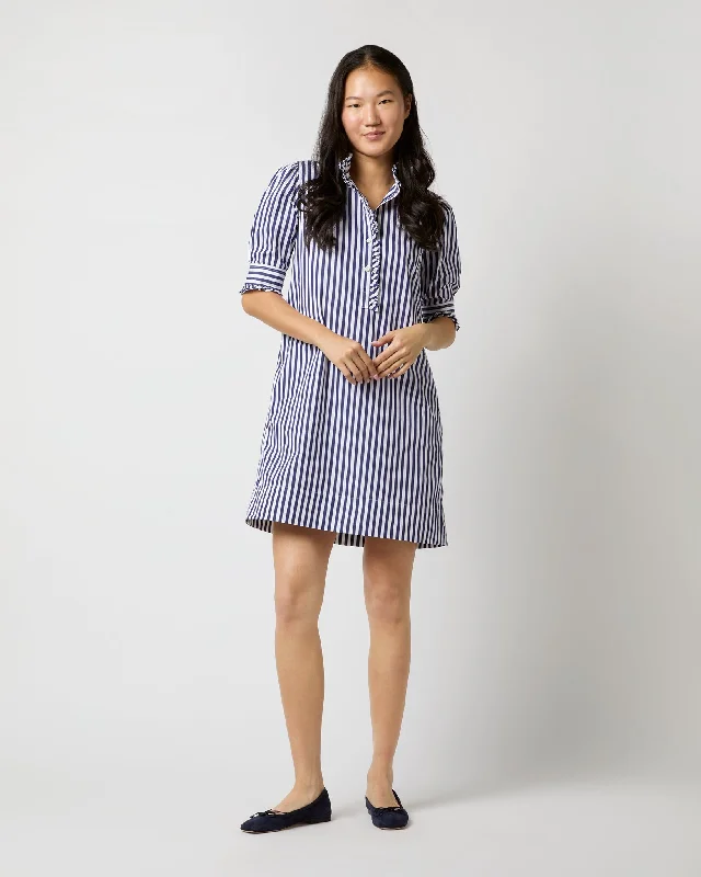 Elbow-Sleeved Frill Dress in Navy Awning Stripe Poplin