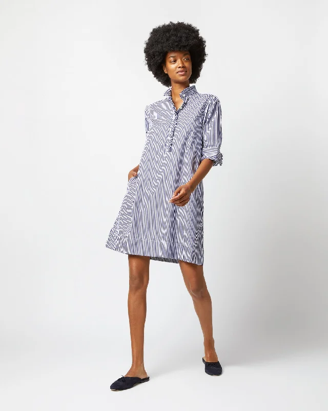 Elbow-Sleeved Frill Dress in Navy Bengal Stripe Poplin