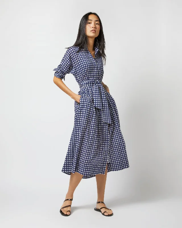 Kimono Shirtwaist Dress in Navy/Ivory Gingham Seersucker