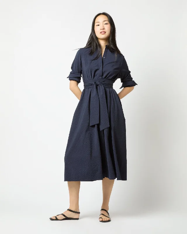 Long-Sleeved Gianna Dress in Navy Wool Seersucker