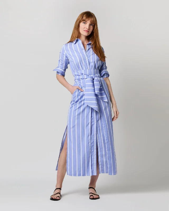 Maxi Tie-Waist Shirtdress in Blue/White Bold Stripe End-On-End