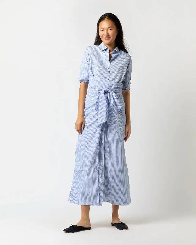 Maxi Tie-Waist Shirtdress in Navy/Sky Stripe Poplin