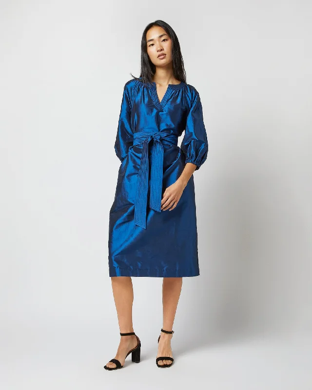 Trapunto Blouson Dress in Lapis Silk Shantung