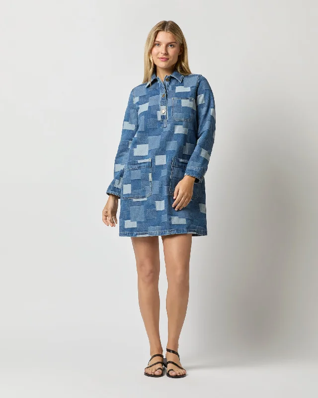 Aurelia Dress in Washed Indigo Patchwork Effect