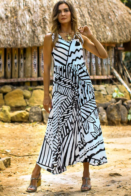 Black and White Jungle Onyx and Eggshell Rayon A-Line Dress from Bali