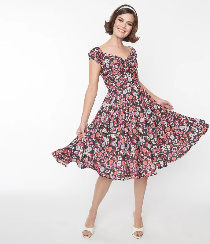 Black Multicolor Floral Sophia Swing Dress