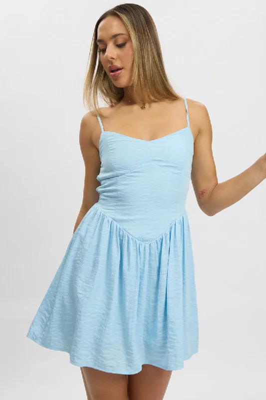 Blue Fit And Flare Dress Drop Waist Mini