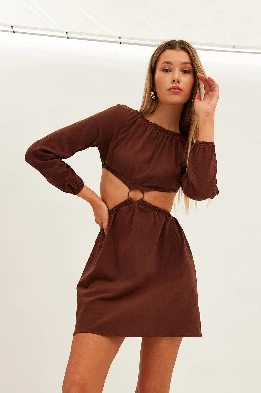 Brown Ring Detail Linen Dress