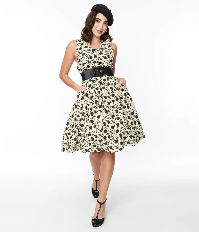 Cream & Black Floral Swing Dress